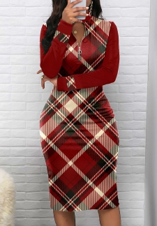 Plaid Zipper Wine Red Long Sleeve Bodycon Dress