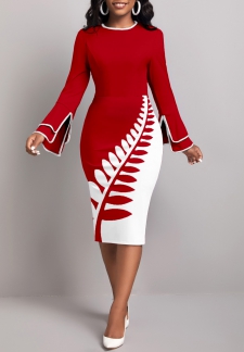 Leaf Print Patchwork Wine Red Long Sleeve Bodycon Dress