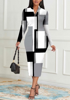 Geometric Print Zipper Grey Long Sleeve Bodycon Dress