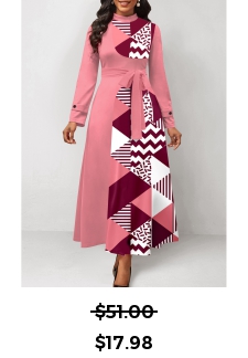 Geometric Print Patchwork Belted Pink Maxi Dress