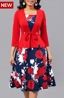 Floral Print Fake 2in1 Belted Red Square Neck Dress