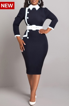 Contrast Binding Belted Black Polo Collar Dress