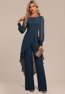 Patchwork Long Navy Scoop Neck Jumpsuit