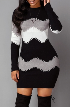 Mock Neck Long Sleeve Chevron Pattern Sweater Dress