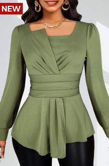 Ruched Sage Green Long Sleeve Asymmetrical Neck Blouse