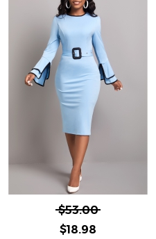 Contrast Binding Belted Light Blue Bodycon Dress