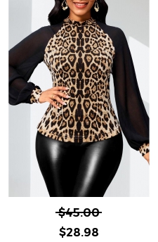 Leopard Patchwork Dark Camel Long Sleeve Stand Collar Blouse