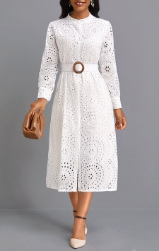 Button Belted White Round Neck Long Sleeve Dress