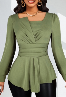 Ruched Sage Green Long Sleeve Asymmetrical Neck Blouse