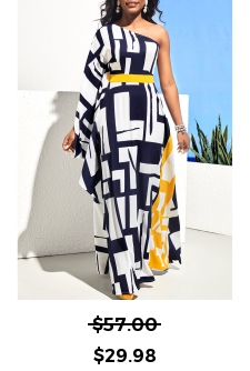 One Shoulder Navy Blue Geometric Print Maxi Dress