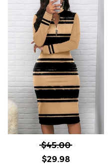 Striped Zipper Light Camel Long Sleeve Bodycon Dress