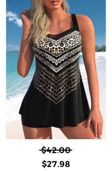 Leopard Mesh Stitching Black Swimdress Top