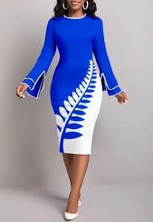 Leaf Print Patchwork Royal Blue Bodycon Dress