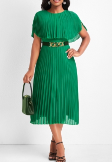 Short Sleeve Pleated Green Round Neck Dress