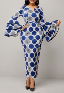 Tribal Print Blue Long Sleeve Bodycon Dress