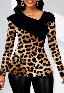 Leopard Asymmetry Dark Coffee Long Sleeve Blouse