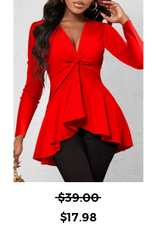 Twist V Neck Red Long Sleeve T Shirt