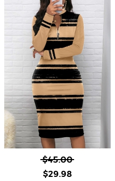 Striped Zipper Light Camel Long Sleeve Bodycon Dress
