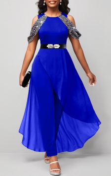 Hot Stamping Sapphire Blue Cold Shoulder Jumpsuit