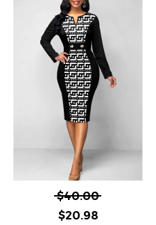 Baroque Print Patchwork Black Split Neck Bodycon Dress
