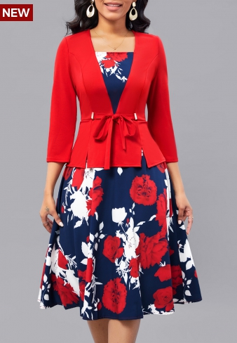 Floral Print Fake 2in1 Belted Red Square Neck Dress