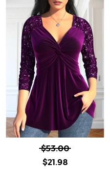 Purple V Neck Long Sleeve Sequin T Shirt