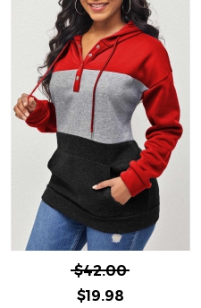 Contrast Kangaroo Pocket Drawstring Red Hoodie