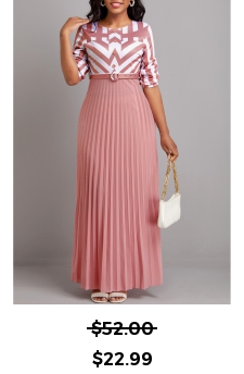 Geometric Print Button Belted Pink Maxi Dress