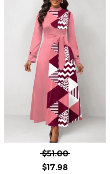 Geometric Print Patchwork Belted Pink Maxi Dress