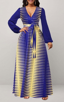 Chevron Print Surplice Belted Dark Blue Maxi Dress