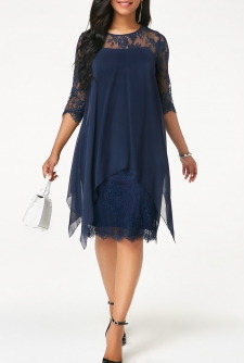 Chiffon Overlay Navy Blue Three Quarter Sleeve Lace Dress