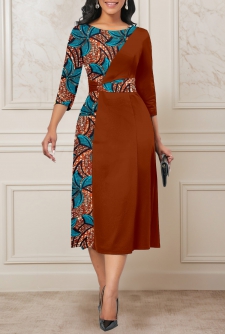 Tribal Print Patchwork Dark Coffee Round Neck Dress