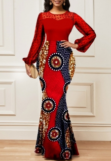 Tribal Print Lace Red Long Sleeve Maxi Bodycon Dress