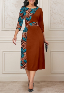 Tribal Print Patchwork Dark Coffee Round Neck Dress