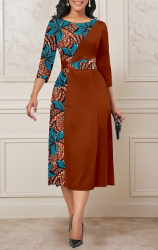 Tribal Print Patchwork Dark Coffee Round Neck Dress