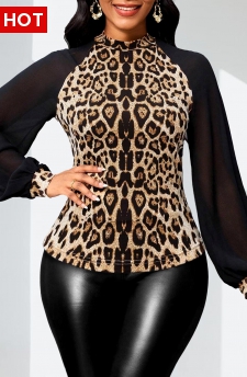 Leopard Patchwork Dark Camel Long Sleeve Stand Collar Blouse