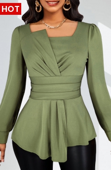 Ruched Sage Green Long Sleeve Asymmetrical Neck Blouse