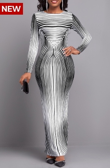 Striped Black Long Sleeve Round Neck Maxi Bodycon Dress