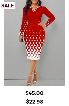 Geometric Print Split Christmas Red Long Sleeve Dress