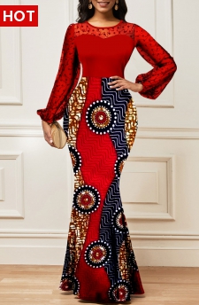 Tribal Print Lace Red Long Sleeve Maxi Bodycon Dress
