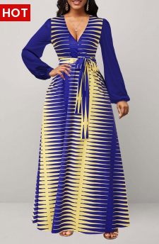 Chevron Print Surplice Belted Dark Blue Maxi Dress