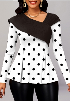 Polka Dot Asymmetry White Long Sleeve Asymmetrical Neck Blouse