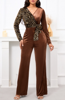 Sequin Belted Dark Coffee Long Cross Collar Jumpsuit