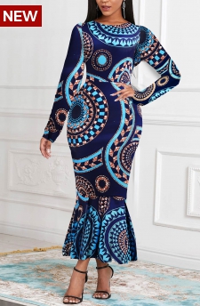 Tribal Print Mermaid Navy Long Sleeve Bodycon Dress