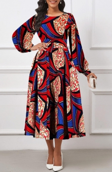 Tribal Print Umbrella Hem Belted Red O Shape Dress