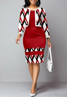 Geometric Print Patchwork Wine Red Round Neck Bodycon Dress and Cardigan