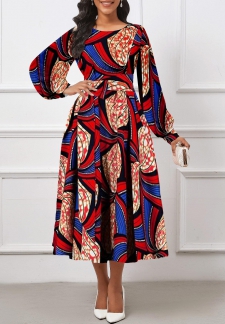 Tribal Print Umbrella Hem Belted Red O Shape Dress