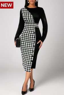 Plaid Patchwork Black Long Sleeve Round Neck Dress