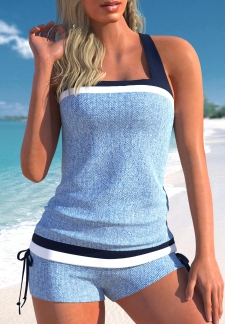 Denim-effect Print Drawstring Light Blue Tankini Set