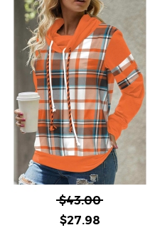 Plaid Patchwork Orange Cowl Neck Long Sleeve Sweatshirt